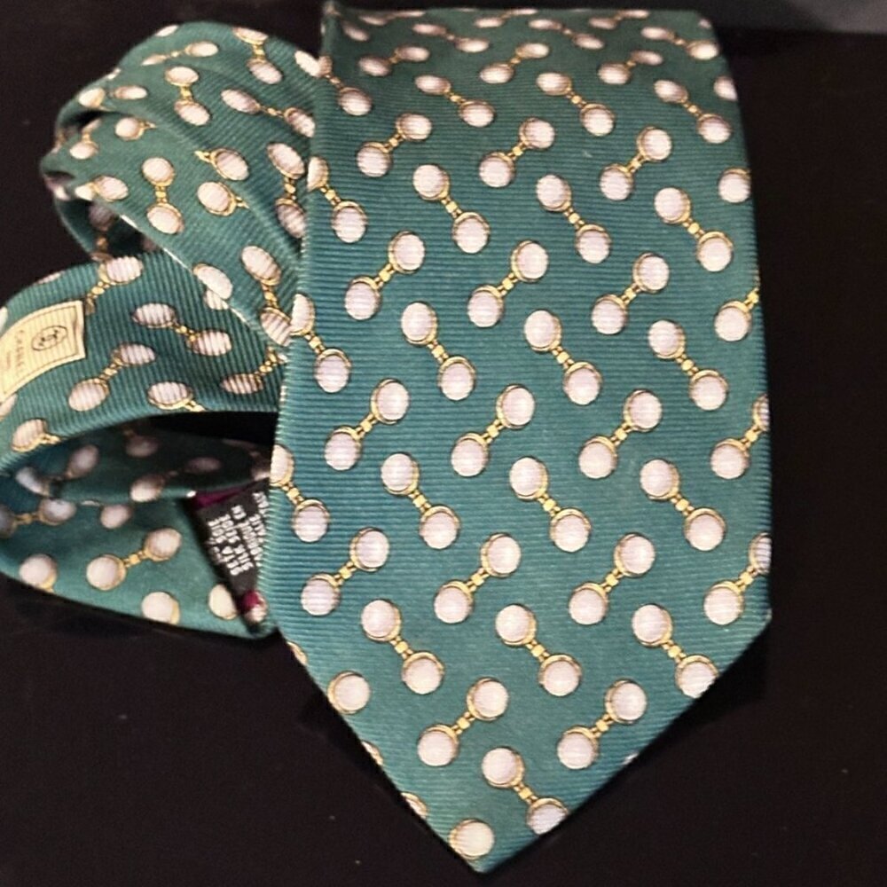 Chanel Silk Tie Mens Kelly Green Baroque Jewelry Gemstone Pearl Cuff Links Gold